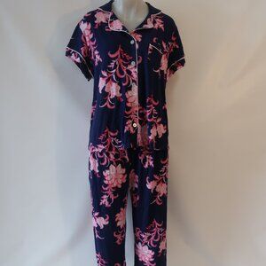 NWT Womens The Cat's Pajamas Ava Navy Blue Pink Scroll 2 Pc Set Top Bottom XL